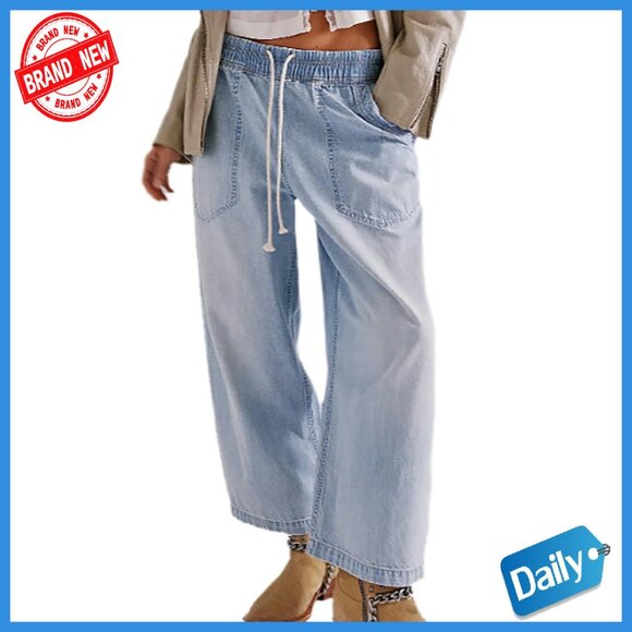 Denim - Women's Drawstring Waist Wide Leg Cropped Denim Pants Size S-XXL